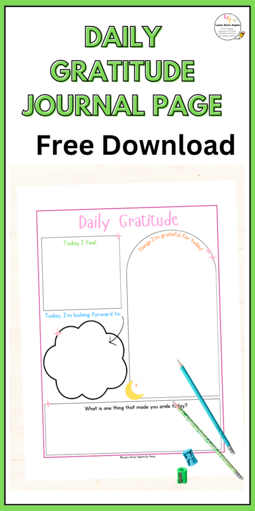 Free printable gratitude planner page for kids. 