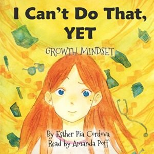 a girl with leaves falling from above. I can't do that growth mindset stories for kids.