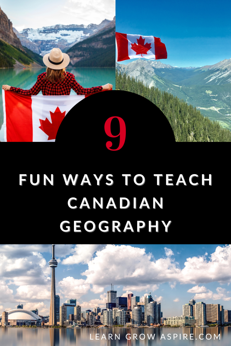 Canadian landmarks, a woman holding a Canadian flag behind her. Canadian mountains.