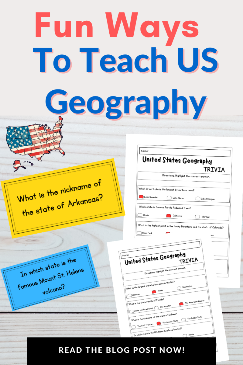 FUN WAYS TO TEACH UNITED STATES GEOGRAPHY - US Geography Trivia worksheets for kids.