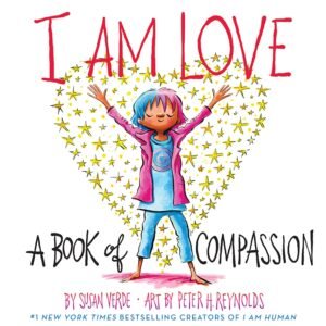 A little girl opens her hands wide. I am love. Best valentines read alouds for kids.