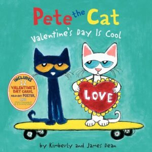 Pete and Candy cat standing on a skate board. Pete the cat valentine's Day is cool. Best valentines read alouds.