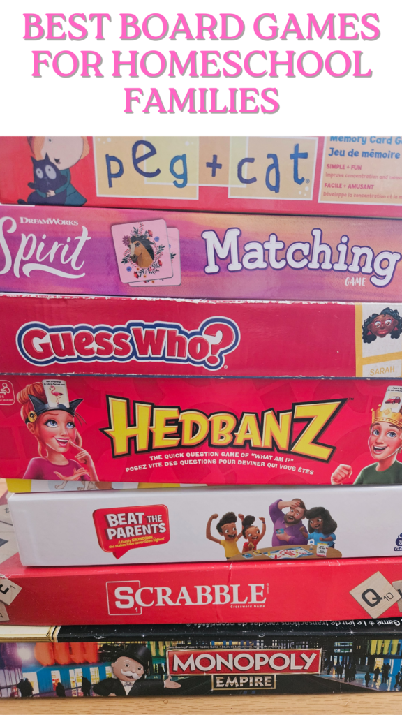 A stack of board games. Guess who, headbanz, beat the parents, matching games, monopoly, scrabble. Best board games for homeschooling families. 