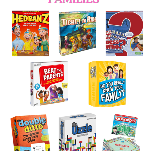 A collage with the best board games for homeschooling families - headbanz, ditto, beat the parents and more.