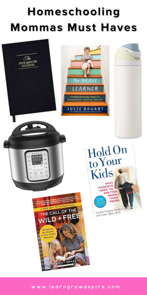 a collage of must haves for homeschooling moms - best homeschooling reads for moms, a 5 minute journal, a water bottle and a slow cooker.