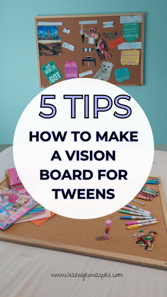 An image of a vision board made by a tween girl. Stationery and a cork screw board with clippings from a magazine. How to make a vision board for tween?