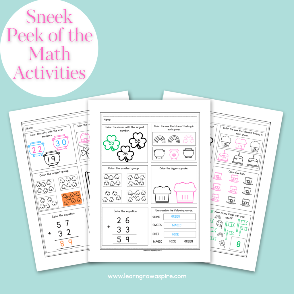 3 fun and engaging St. Patrick's Day math worksheets for 2nd grade.