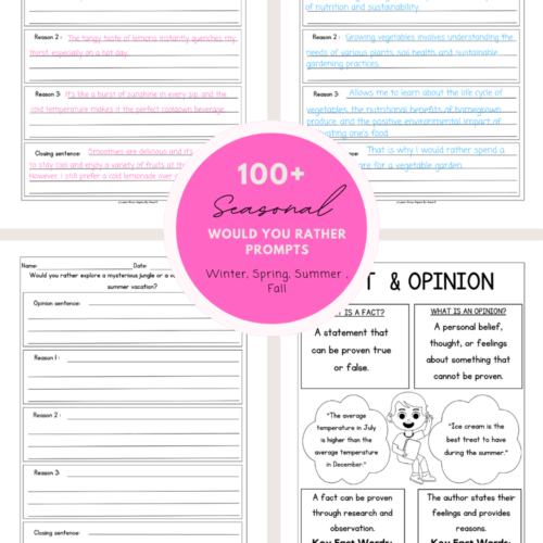 printable opinion writing prompts for kids on winter, spring, fall and summer.