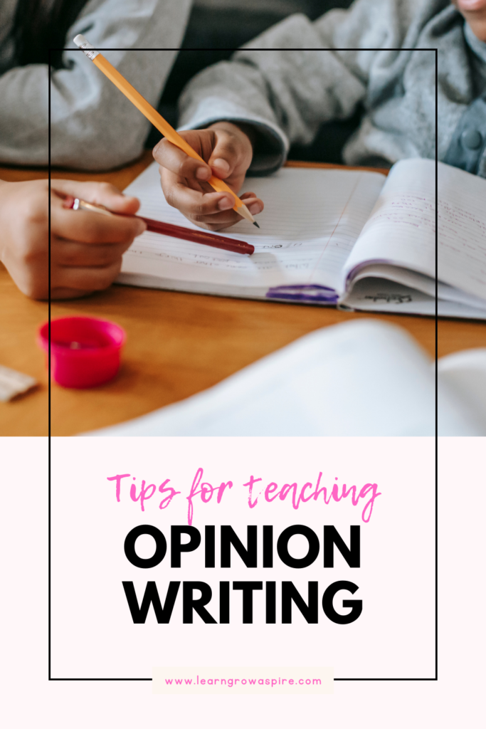 a mom sitting next to her kid at a desk teaching her opinion writing. Tips for teaching opinion writing.