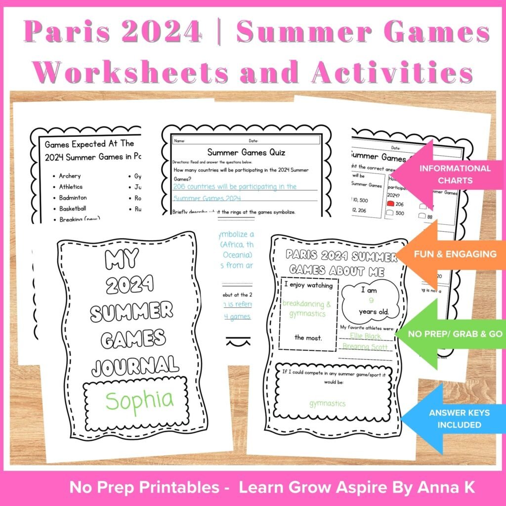 Summer games in France, Paris worksheets for kids. 