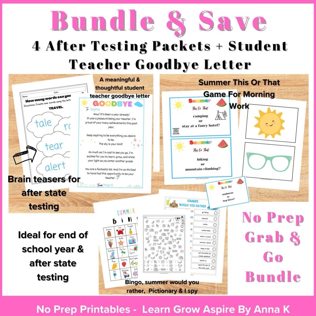 This image has all of my fun after state testing printables. This bundle and save budget leads to my TpT store where readers can purchase all of my products listed above. 