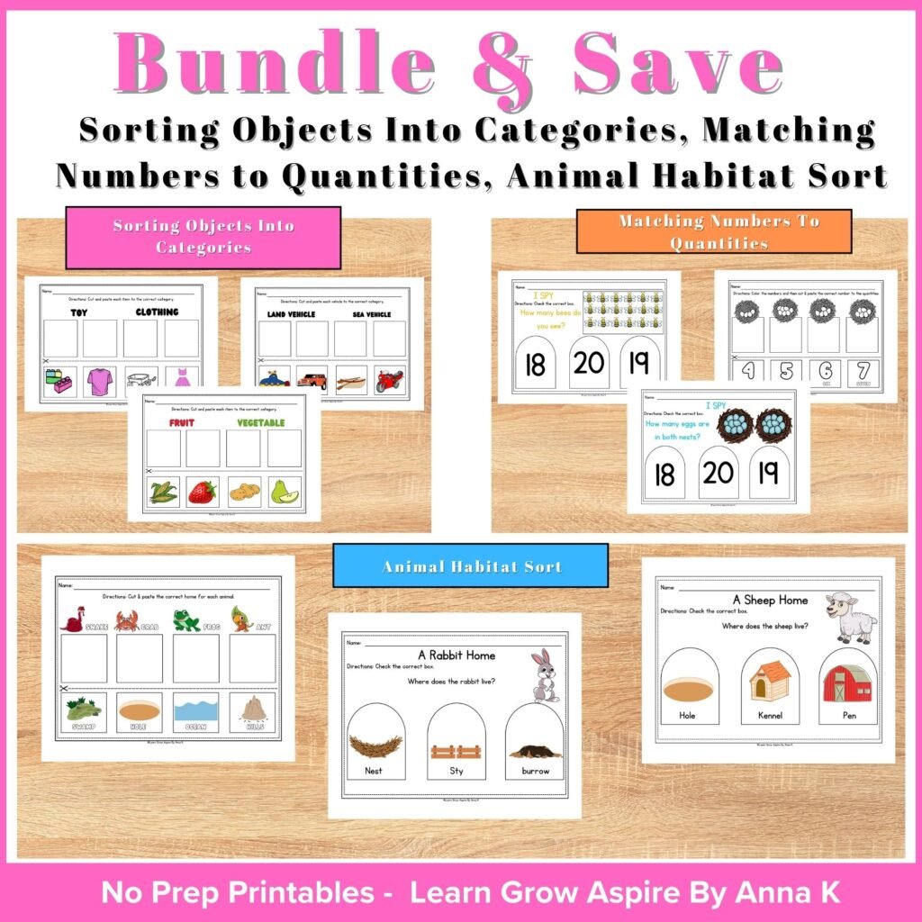 This image includes three cut and paste activities - sort objects, animal habitats, and matching quantities to numbers. 