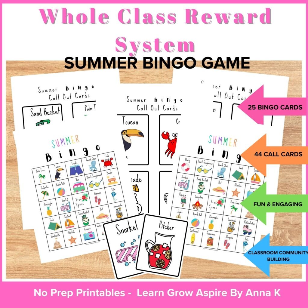 summer printable bingo game for a fun end of year classroom activity.