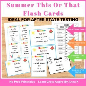 This image includes summer this or that printables cards and it leads to my TpT store where you can purchase my summer this or that activities. 
