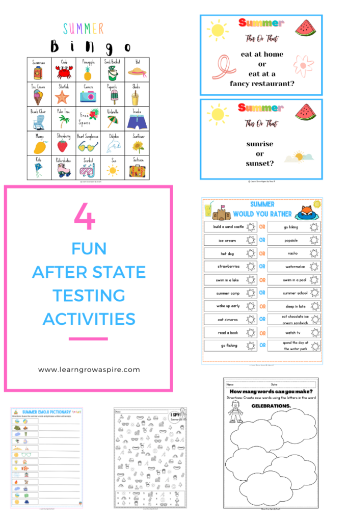 Fun after state testing activities printables in a collage. 