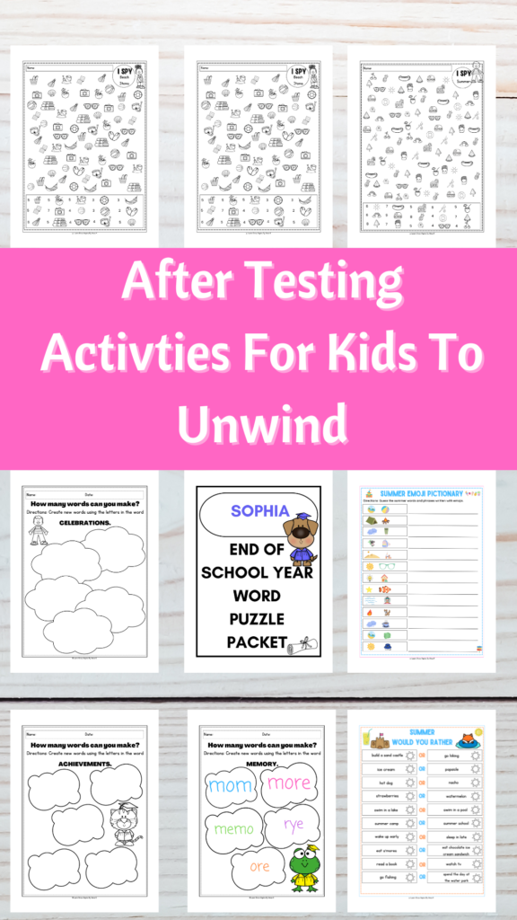 A set of after state testing activities printables for kids to unwind with after state testing or during summer break. 