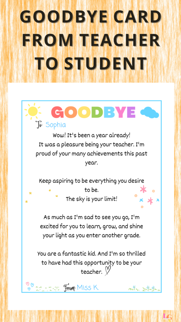 goodbye cards from teachers to students printable for end of year 
