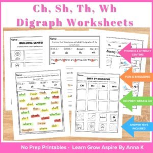 Printable Digraph Worksheets to help students build fluency in ch, sh, th, wh, consonants digraphs. This image leads to my Teachers Pay Teachers storefront. 
