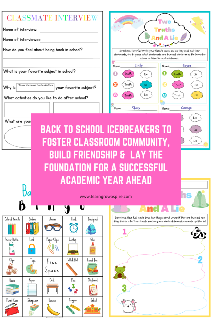 A collage with 4 pdf printable icebreaker activities for first school day for kids. 