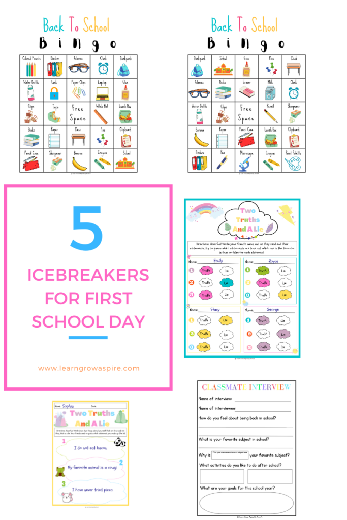 This image has pdf printables of icebreaker activities for first school day.