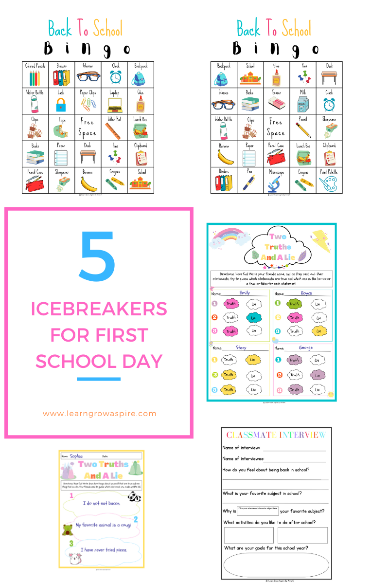 This image has pdf printables of icebreaker activities for first school day.