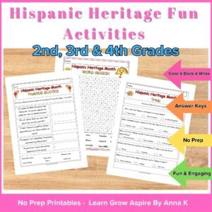 Printable Hispanic Heritage Activities for kids in grades 3, 4 and 5. This images leads to my Teachers Pay Teachers storefront.
