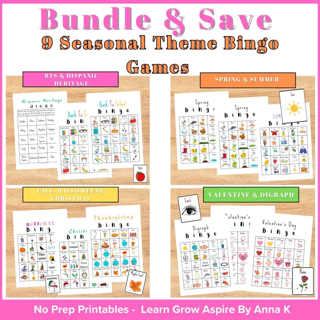 Mega Bingo Printable Bundle. This image leads to Learn Grow Aspire Teachers Pay Teachers storefront.