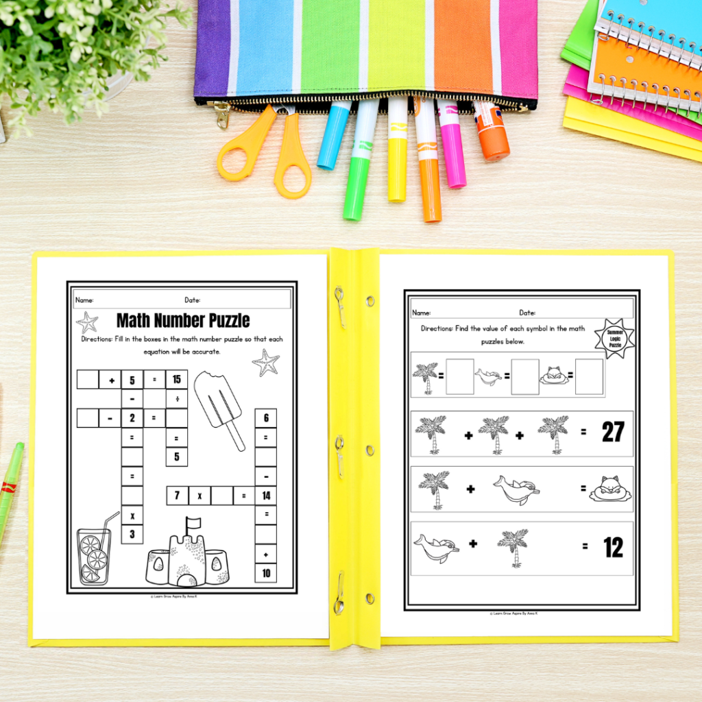 A file folder on a kids desk with logic math puzzle worksheets for summer. These worksheets are great Summer STEAM activities for kids. 
