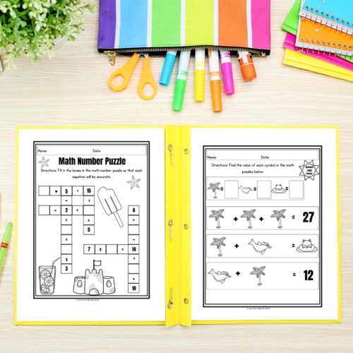 A file folder on a kids desk with logic math puzzle worksheets for summer. These worksheets are great Summer STEAM activities for kids.