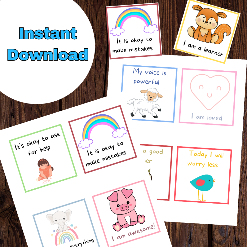 printable positive affirmations for kids cards. Free download.
