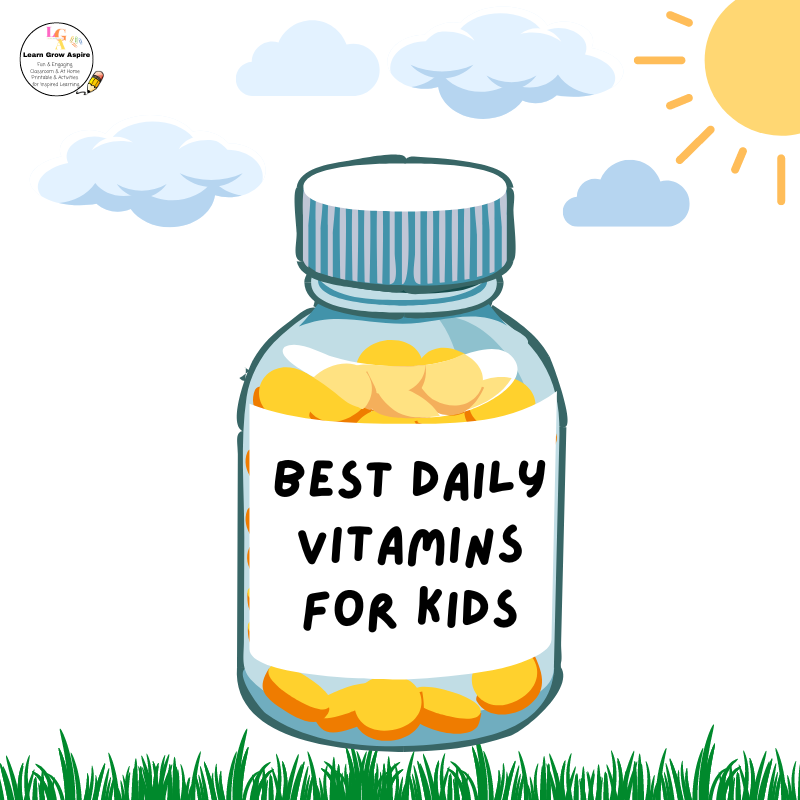 A bottle of the best daily vitamins for kids on grass with sun shinning over it. 