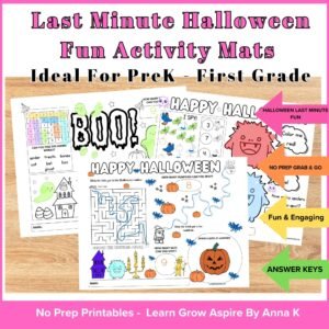 Halloween activities placemat for kids printables. This image leads back to Learn Grow Aspire TpT storefront.