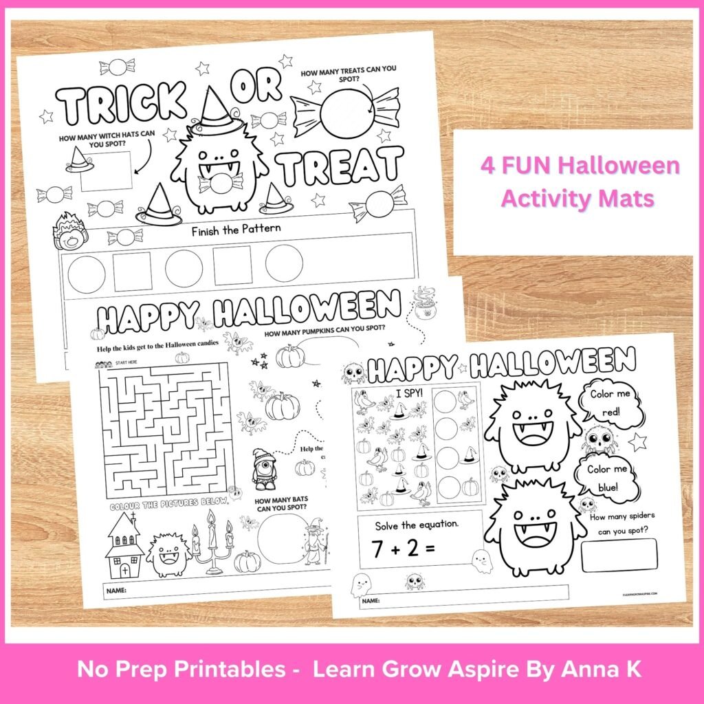 Halloween activities placemats for kids printable. This image leads back to Learn Grow Aspire TpT storefront. 