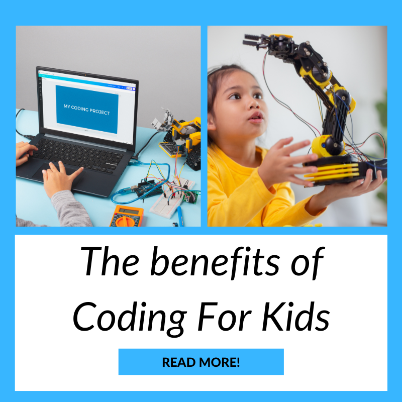 A kid on his laptop working on his coding project and a little girl with her robotic project. Fun coding activities and ideas for kids. 