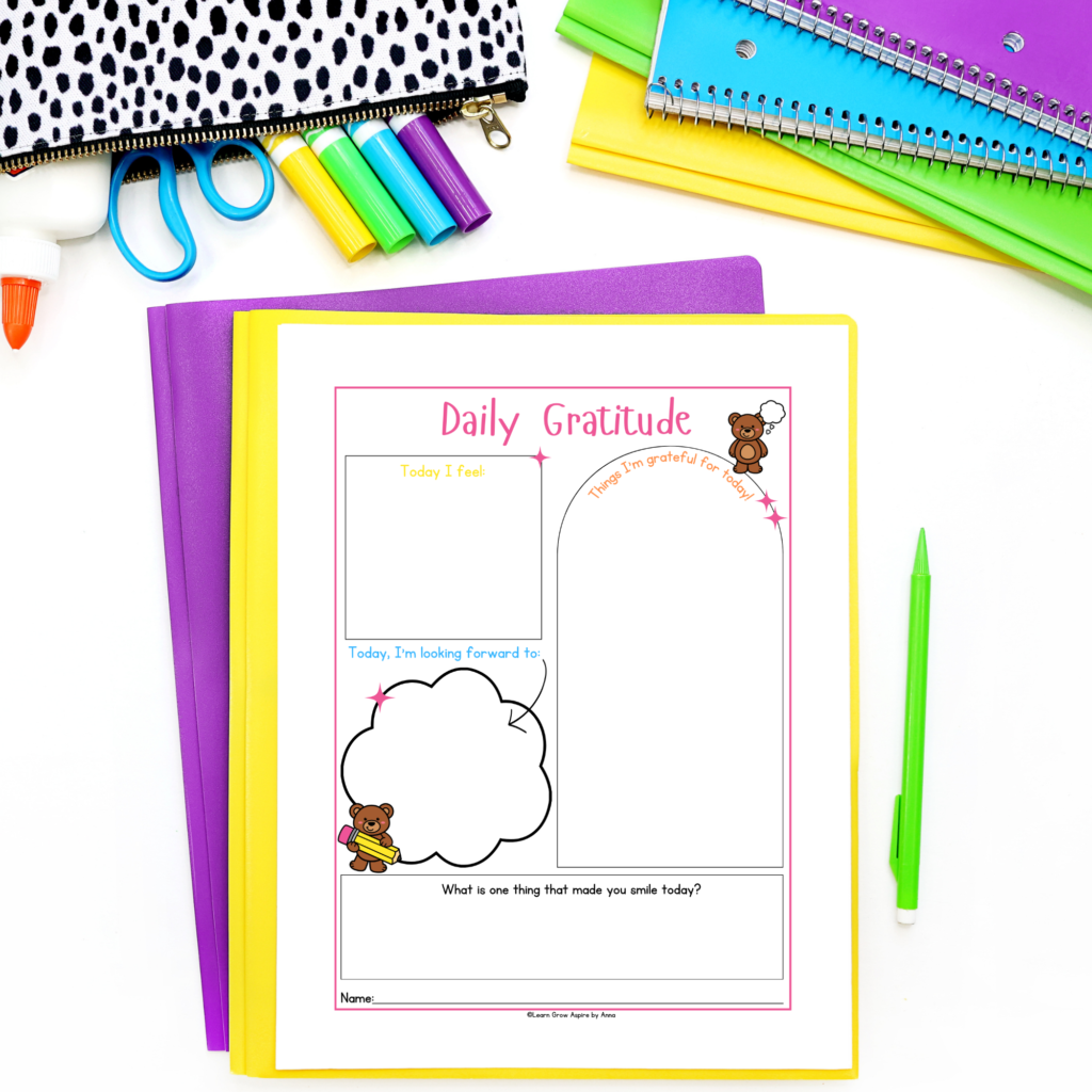 Free printable daily gratitude planner page for kids from Learn Grow Aspire.