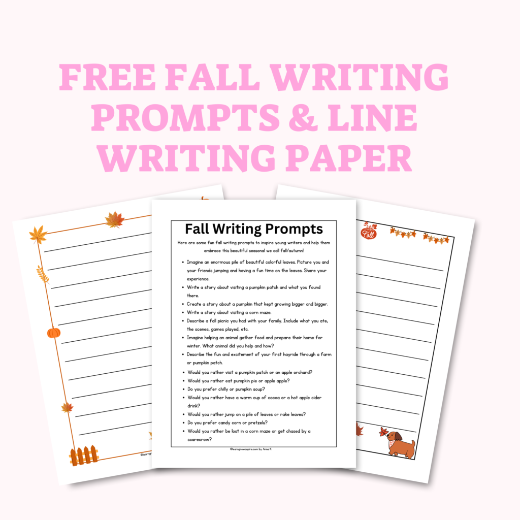 Free fall/autumn writing prompts for kids printables and writing paper.