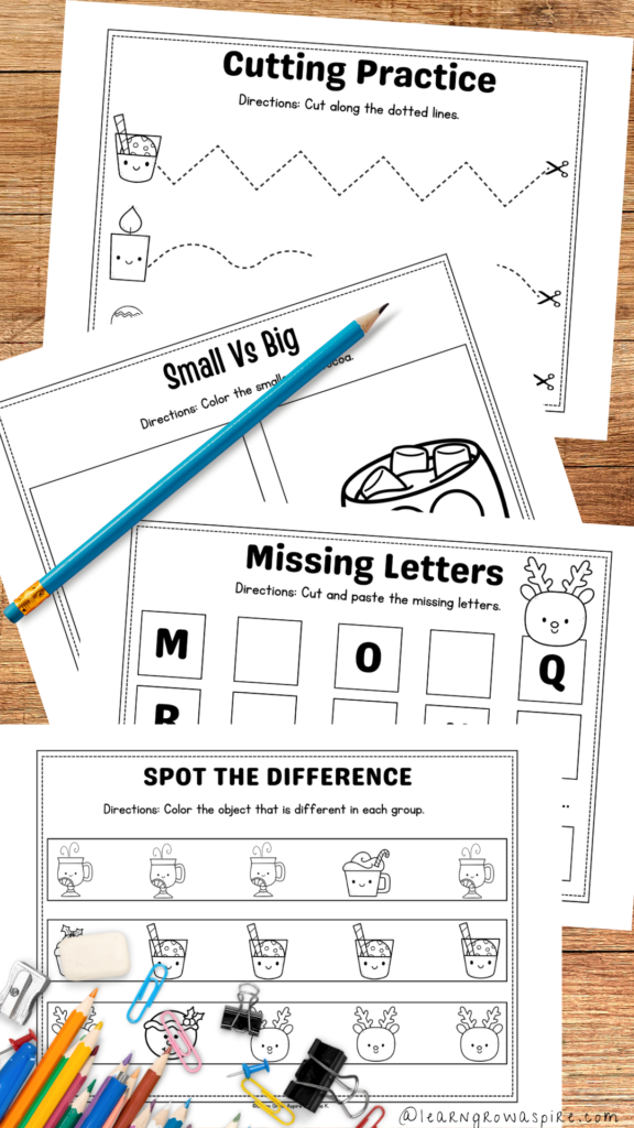 Christmas printable worksheets for preschoolers from Learn Grow Aspire.