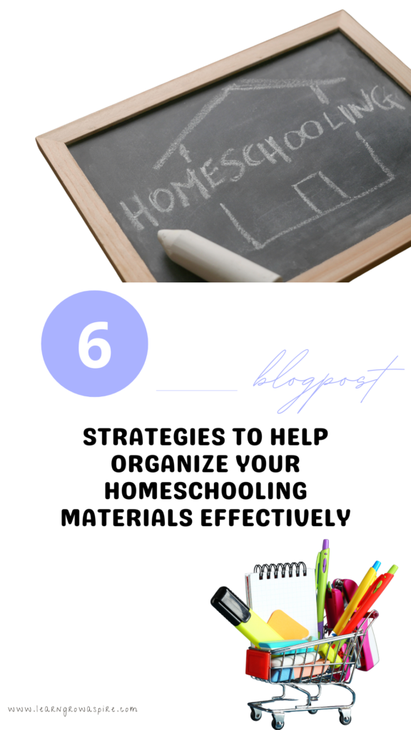 a blackboard with the word homeschool and a shopping cart with stationery. 6 strategies to help organize your homeschooling material effectively. 