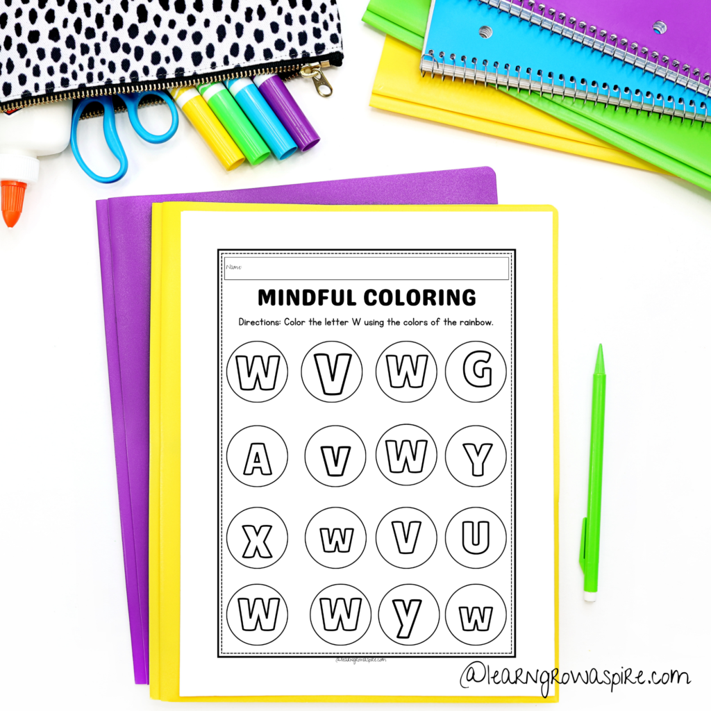 Mindful coloring worksheets of the letter W printable.