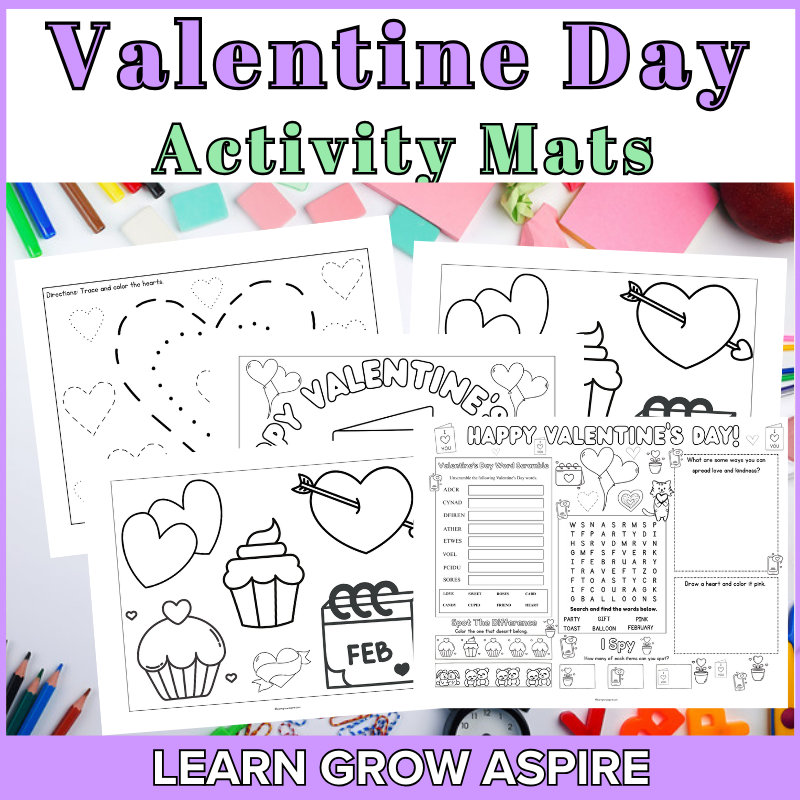 Free Valentine Activity Mats For Kids at home or in the classroom.