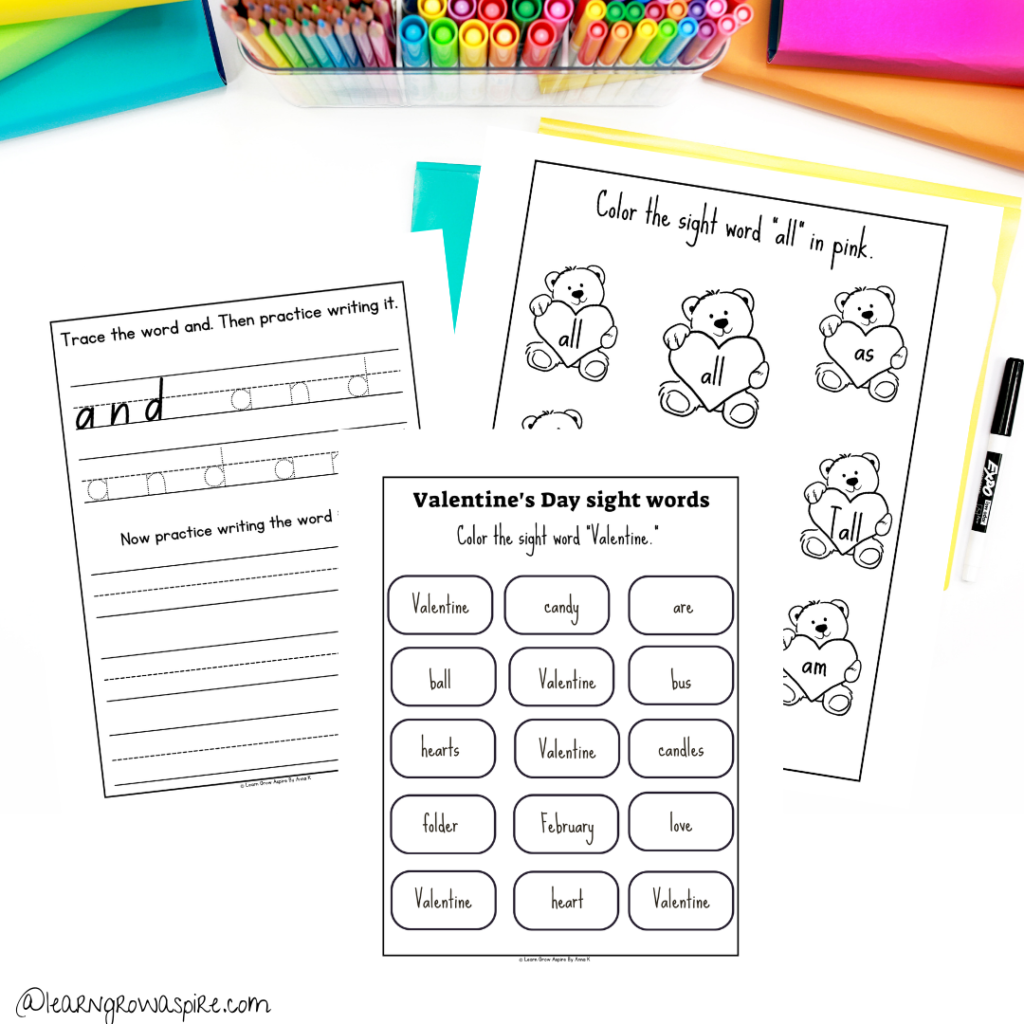 Printable valentine's day sight words activities.