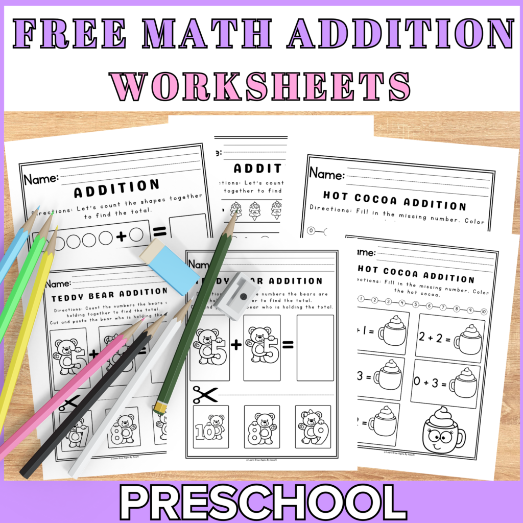 FREE Preschool printable math addition worksheets.