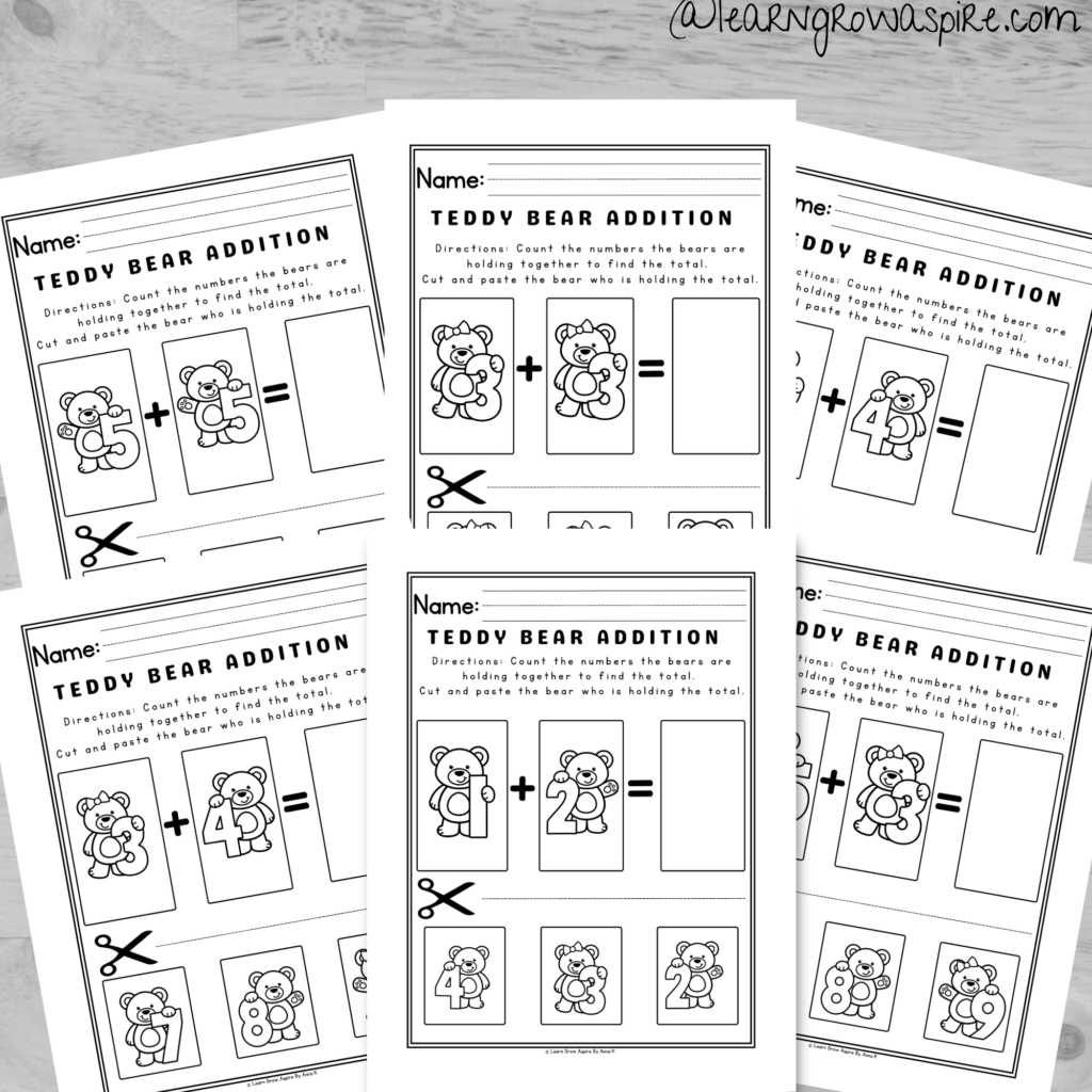 Free preschool math addition cut and paste worksheets.