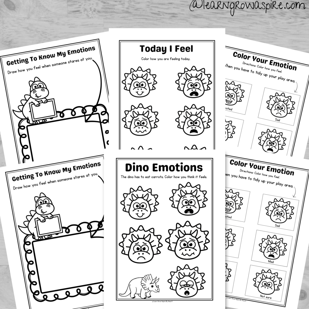 Dino Themed Identifying Feelings Worksheets For Kids, Preschool and Kindergarten printable PDF.