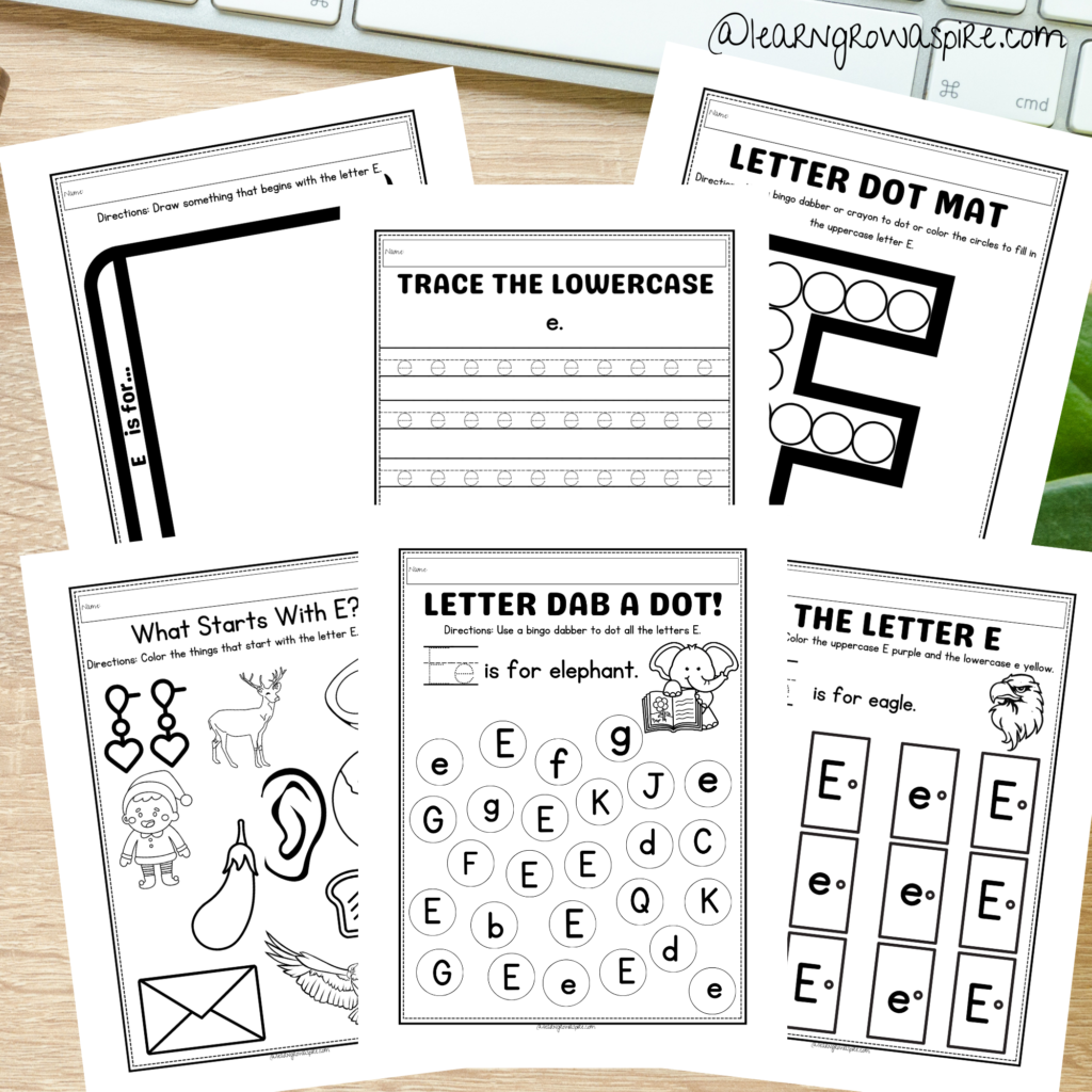 Free letter E worksheets and activities for kids. 