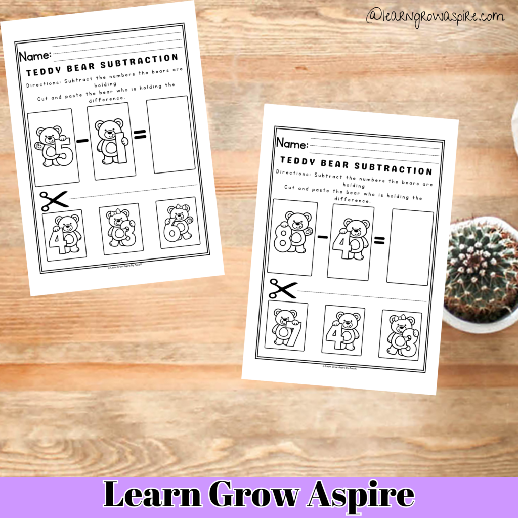 cut and paste preschool math subtraction worksheets printable.