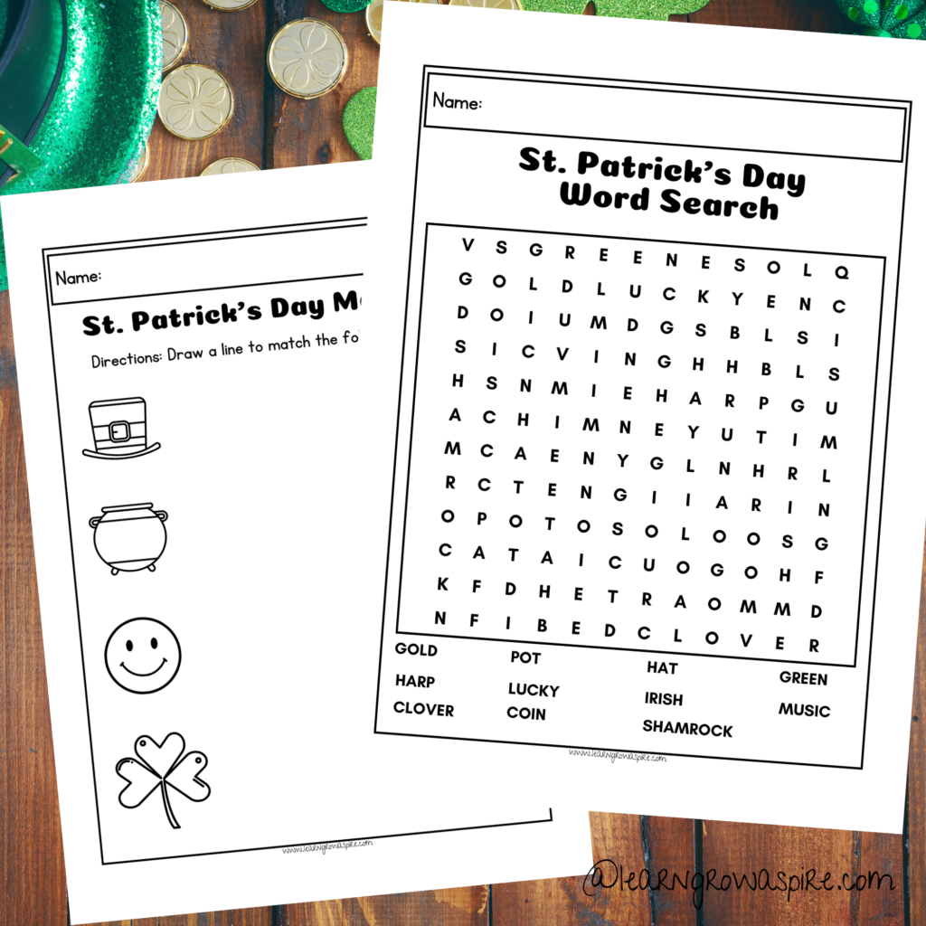 FREE St. Patrick's Day word search and matching worksheets.