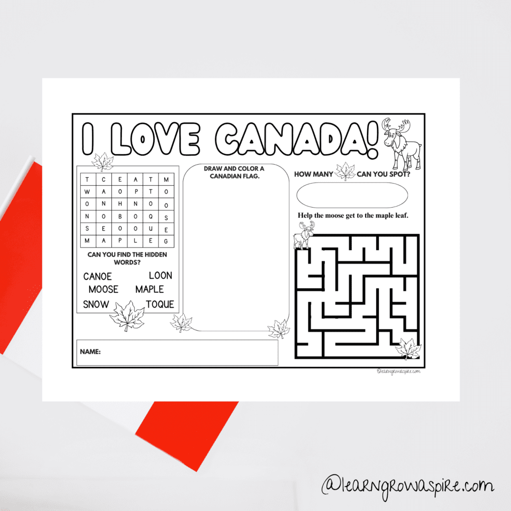 Printable I Love Canada Activity Mat For Kids Free Download. 