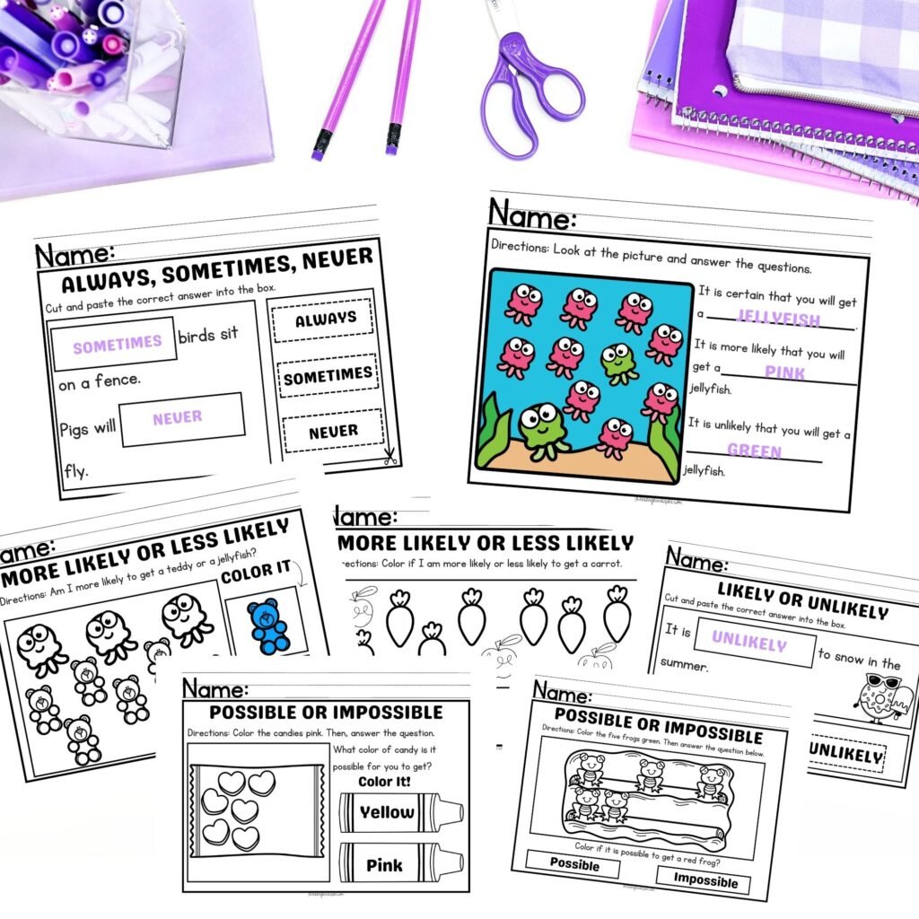 Probability printable worksheets for kindergarten