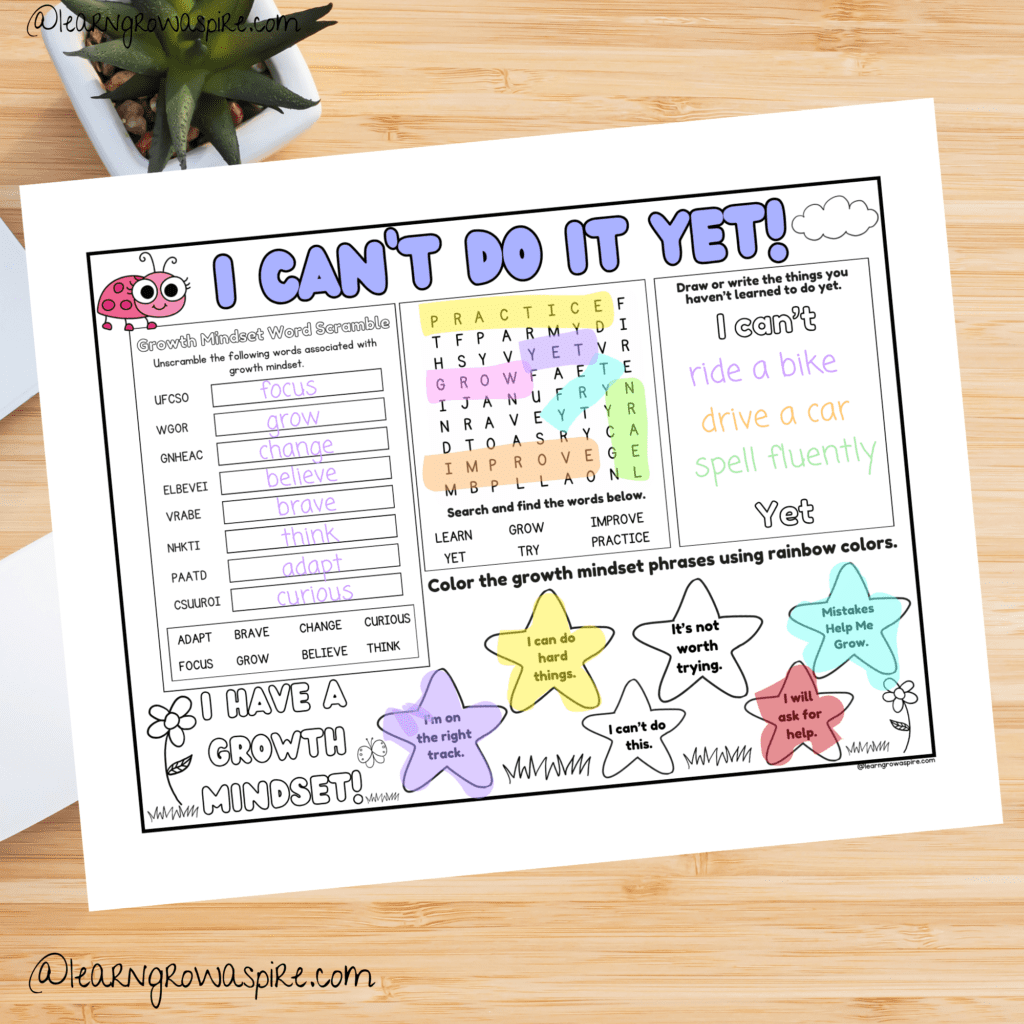 Free Growth Mindset Activity Placemat for Kids on a counter top.